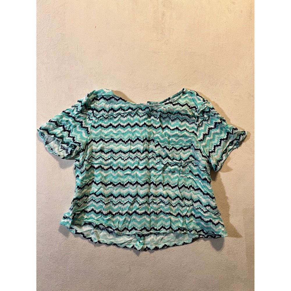 HM Divided Women Teal Blue Chevron Zig Zag Button Front Cropped Blouse Top Sz 10